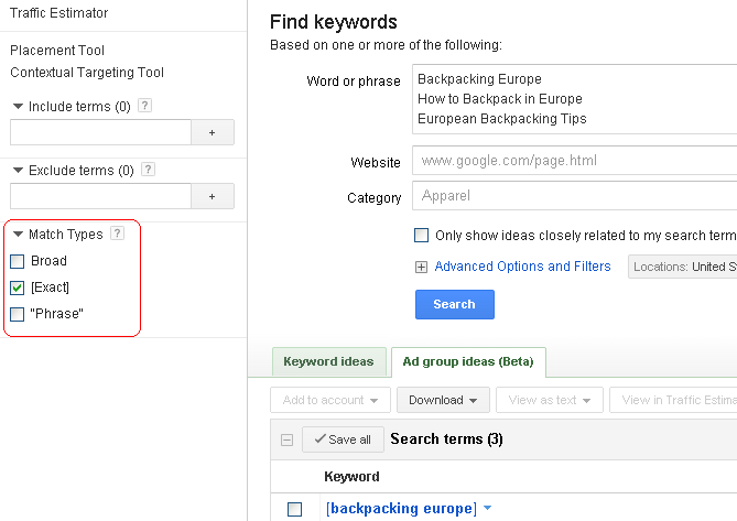 exact-in-google-keyword-tool